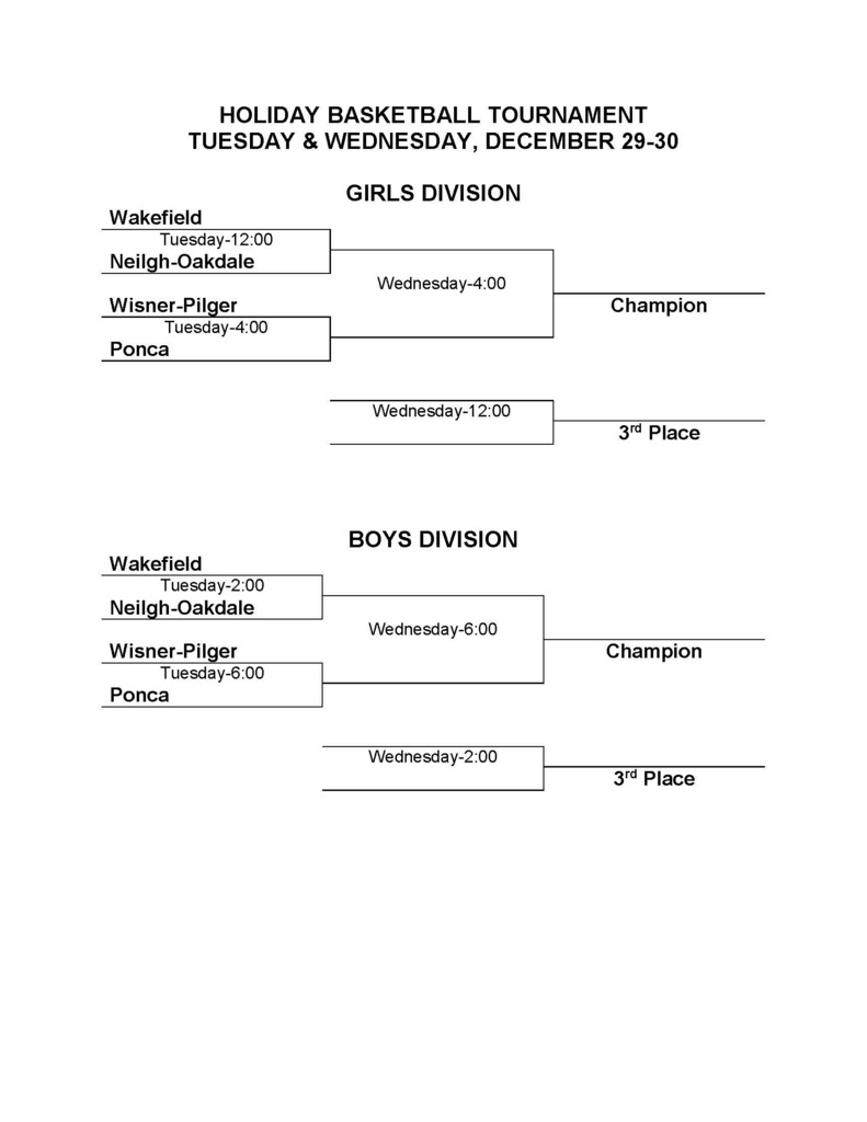 2020 Holiday Tournament Monday and Wednesday - No Tuesday