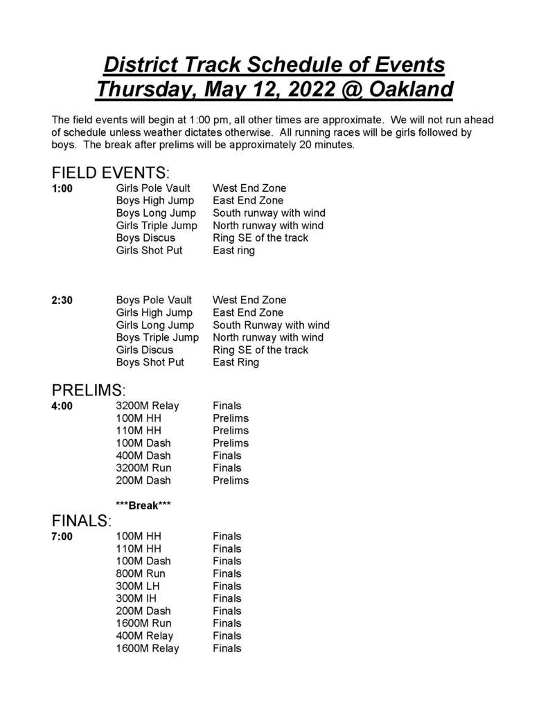 District Track Thursday, May 12th